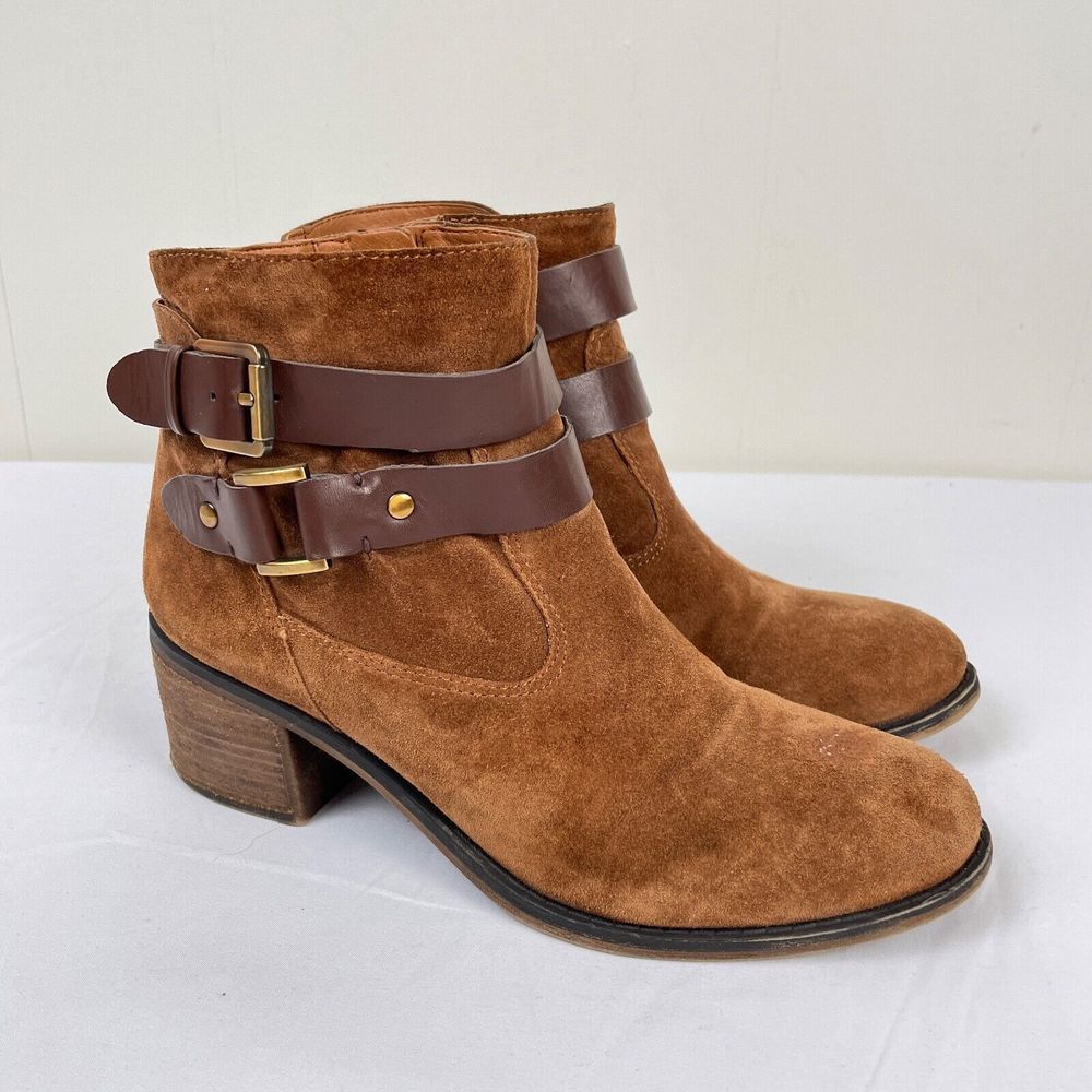 Franco Sarto A-Linden2 Brown Suede Zip Ankle Strap Boots Booties Womens 7.5 M